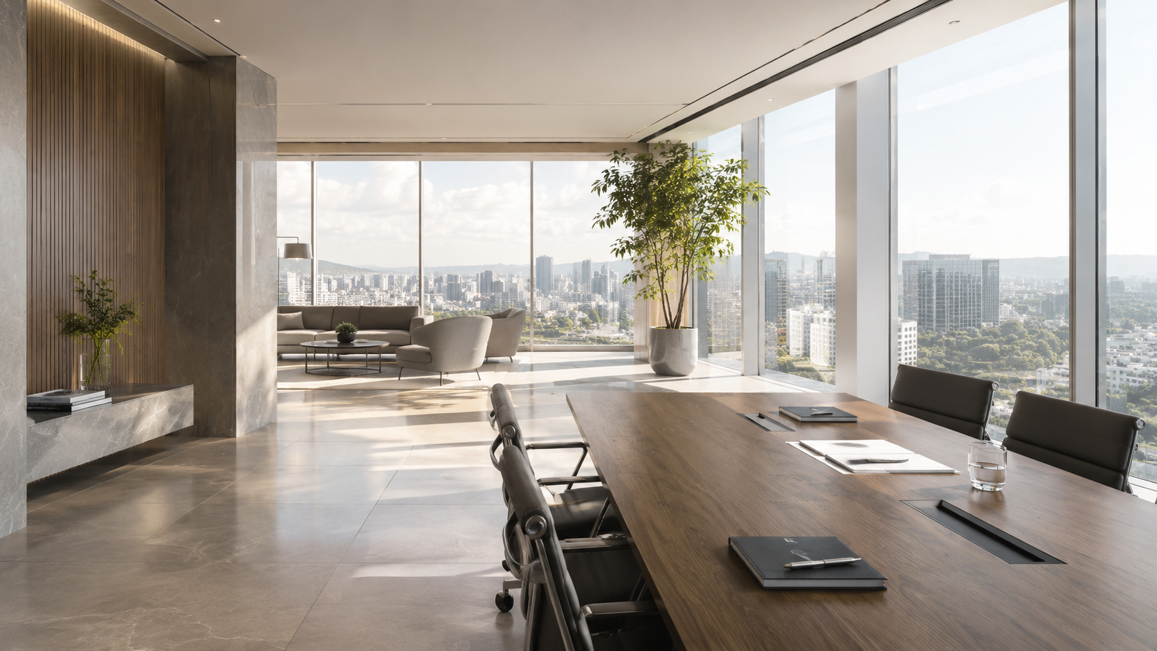 Sala corporativa com cidade ao fundo
